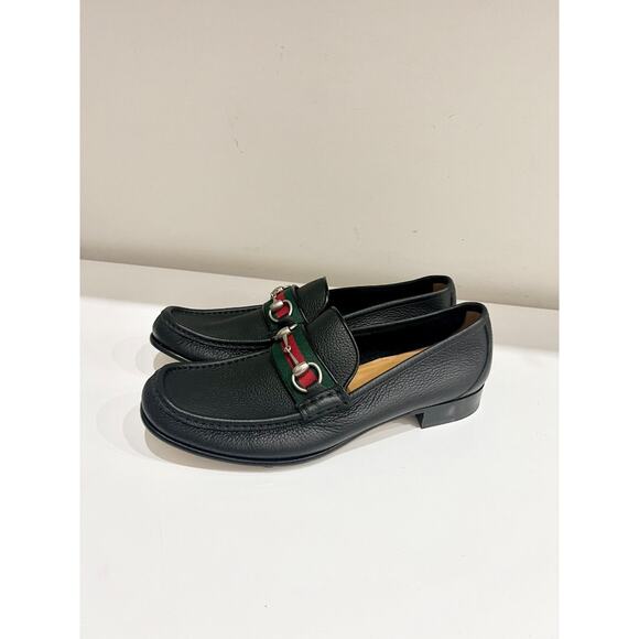 Gucci Horsebit Web Trim Slip On Block Heel Leather Loafer Shoes Black Men's 10.5 - Picture 2 of 7